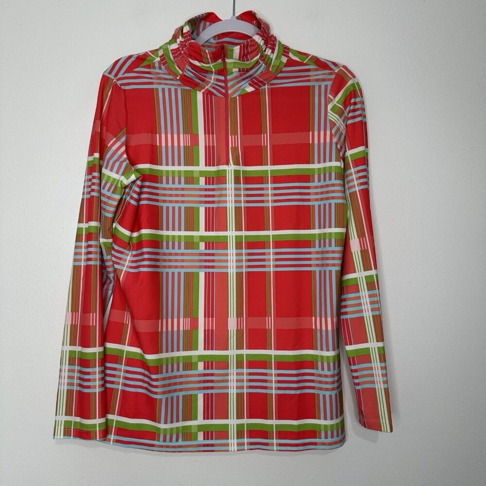 Jude Connally Ashley‎ 1/4 Zip Island Coral Plaid Top Size L Ruched Mock Neck